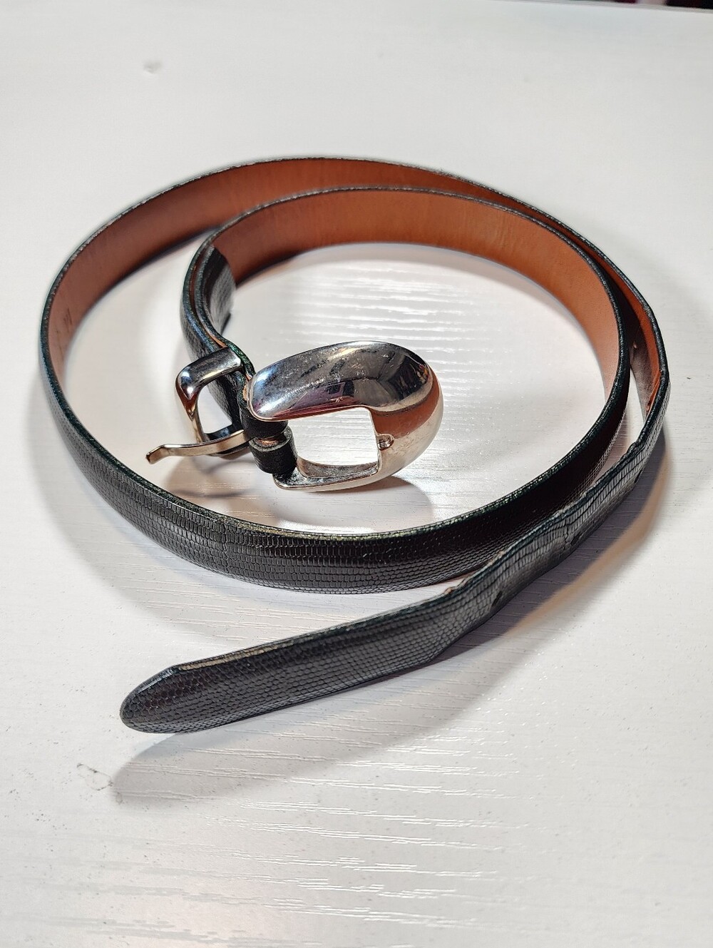 VTG Joan & David Black Lizard Embossed Leather Belt Modernist Silver Buckle M